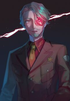 1boy challia_bull collared_shirt commentary_request facial_hair formal_clothes glowing glowing_eye goatee grey_background grey_hair gundam gundam_gquuuuuux highres jacket long_sleeves male_focus mustache necktie partial_commentary red_eyes shirt short_hair solo suit violet_(mesy4285) yellow_necktie