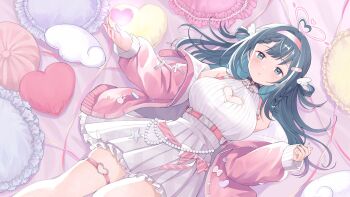 1girl ahoge amano_nene_(tenshi)_(vtuber) amano_nene_(vtuber) bandaid bandaid_hair_ornament black_choker blue_eyes blue_hair blush braid braided_bangs breasts choker cleavage_cutout clothing_cutout commentary_request commission cushion frilled_skirt frills from_above hair_ornament hair_rings hairband halo heart heart-shaped_pillow heart_ahoge heart_cutout heart_halo heart_o-ring highres indie_virtual_youtuber jacket large_breasts long_hair long_sleeves looking_at_viewer lying mole mole_on_breast mole_under_eye naname_(danbooru_maker) o-ring o-ring_choker o-ring_thigh_strap off_shoulder on_back open_clothes open_jacket parted_lips pillow pink_hairband pink_jacket pleated_skirt ribbed_shirt shirt skeb_commission skirt sleeves_past_wrists solo thigh_strap virtual_youtuber white_shirt white_skirt wing_hair_ornament