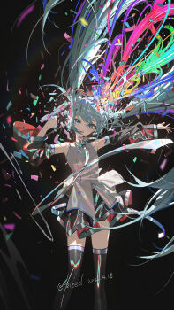 1girl :d absurdres black_skirt black_thighhighs blue_eyes detached_sleeves floating_hair gun handgun hatsune_miku highres holding holding_gun holding_weapon kieed long_hair long_sleeves open_mouth revision shards shirt skirt sleeveless sleeveless_shirt smile solo thighhighs twintails very_long_hair vocaloid weapon