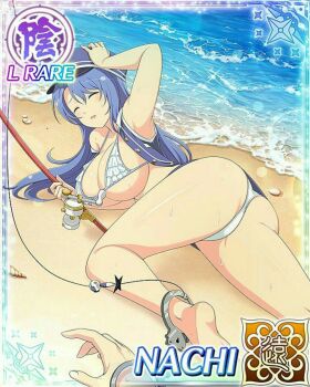 1girl 1other adjusting_clothes adjusting_headwear barefoot beach bikini blue_hair breasts card_(medium) cleavage closed_eyes closed_mouth frilled_bikini frills fuzzy_handcuffs game_cg highres holding large_breasts long_hair lying micro_bikini nachi_(senran_kagura) non-web_source ocean official_alternate_costume official_art on_side open_mouth senran_kagura senran_kagura_new_wave smile solo swimsuit wet white_bikini