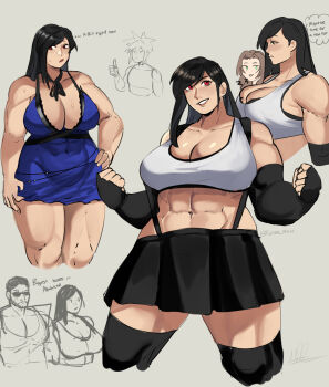 2boys 2girls absurdres aerith_gainsborough barret_wallace breasts cleavage cloud_strife curvy elbow_gloves female_focus final_fantasy final_fantasy_vii final_fantasy_vii_remake fingerless_gloves gloves green_eyes hand_on_own_hip highres large_breasts long_hair multiple_boys multiple_girls muscular muscular_female navel puzzledartist red_eyes suspenders sweat thick_thighs thighhighs thighs thumbs_up tifa_lockhart wide_hips