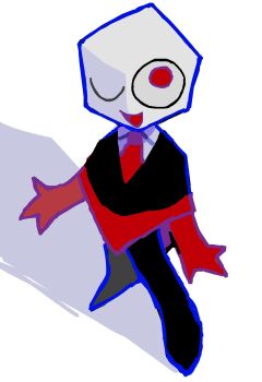 1other black_pants black_poncho black_shoes collared_shirt deltarune dice full_body gloves highres looking_at_viewer necktie one_eye_closed open_mouth pants pippins_(deltarune) red_eyes red_gloves red_necktie shadow shirt shoes simple_background smile solo standing toybox_49 utdr_(toby_fox) white_background white_shirt