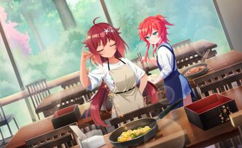 Rule 34 | 1boy, 1girl, ahoge, apron, bento, blue sky, blush, closed eyes, closed mouth, commentary request, cooking, day, dutch angle, food, game cg, green eyes, hair between eyes, hair ornament, highres, holding, indoors, ladle, long hair, official art, red hair, school uniform, skirt, sky, sleeves rolled up, smile, standing, third-party source, tree, wang xue, window, world dai star, yonaguni hikari