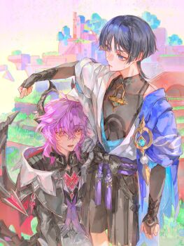 Rule 34 | 2boys, anemo symbol (genshin impact), aqua gemstone, arm at side, armor, belt, black belt, black bodysuit, black bow, black coat, black hair, black horns, black shirt, black sleeves, black tail, blue eyes, blue kimono, blue sleeves, blunt ends, bodysuit, bow, bridal gauntlets, bright pupils, cape, chest jewel, clenched hand, clothing cutout, coat, collar, covered collarbone, cracked gemstone, dragon boy, dragon horns, dragon tail, dragon wings, eyelashes, eyeliner, eyeshadow, facial mark, feathers, forehead mark, gem, genshin impact, grass, grey bridal gauntlets, hakama, hakama shorts, hand up, heart-shaped gem, highres, hip vent, horns, japanese armor, japanese clothes, juban, kimono, kote, kurokote, layered sleeves, long sleeves, looking at another, makeup, mandarin collar, mini durin (genshin impact), mini durin (human) (genshin impact), multiple boys, open clothes, open kimono, outdoors, pants, parted lips, pastel colors, pink hair, pleated shorts, pom pom (clothes), purple cape, purple rope, purple sash, purple vest, red eyeliner, red eyes, red eyeshadow, red gemstone, red wings, rope, sash, scaramouche (genshin impact), shirt, short sleeves, shorts, shoulder peek, slit pupils, sweatdrop, tail, tassel, tsurime, undershirt, vest, vision (genshin impact), wanderer (genshin impact), white collar, white kimono, white mouth, white pants, white pupils, white sleeves, white trim, wings, wispy bangs, yellow feathers, you yeyou0904