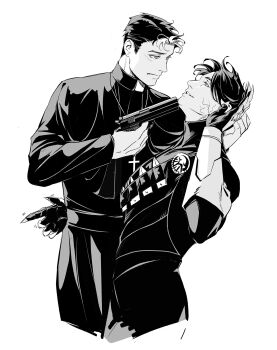 assassin batman_(series) black_bodysuit black_gloves black_hair black_robe bodysuit clerical_collar closed_mouth cross cross_necklace dc_comics dick_grayson gloves highres holding jason_todd jewelry knife_sheath latin_cross male_focus multicolored_hair multiple_boys muscular muscular_male necklace nichasheng pants priest robe sheath short_hair simple_background smile talon_(dc) taut_bodysuit two-tone_hair upper_body weapon white_background