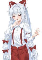 Rule 34 | 1girl, blush, bow, breasts, collared shirt, commentary, fujiwara no mokou, hair bow, hair intakes, hand on own chin, highres, long hair, long sleeves, looking to the side, multiple hair bows, open mouth, pants, pocket, raised eyebrows, ramiki, red bow, red eyes, red pants, shirt, simple background, sleeve garter, small breasts, smile, solo, suspenders, touhou, v, very long hair, white background, white hair, white shirt