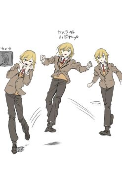 1boy black_footwear black_pants blazer blonde_hair brown_jacket closed_eyes commentary_request full_body green_eyes hands_up highres jacket jumping koze_niire leaning_to_the_side long_sleeves male_focus motion_lines multiple_views necktie nijisanji open_mouth orange_vest pants red_necktie running school_uniform sequential shoes short_hair sidelocks simple_background smile standing standing_on_one_leg translation_request uzuki_kou uzuki_kou_(3rd_costume) vest video_camera virtual_youtuber