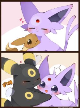 blush brown_eyes closed_eyes closed_mouth eevee espeon evolution forehead_jewel forked_tail gen_1_pokemon gen_2_pokemon heart highres hug nintendo no_humans open_mouth pokemon pokemon_(creature) pon_(nurunuruparty26) purple_eyes smile sweat tail transformation umbreon