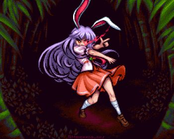 1girl animal_ears bamboo bamboo_forest brown_shoes forest full_body glowing glowing_eye index_finger_raised long_hair moichano nature outdoors pixel_art purple_hair rabbit_ears rabbit_girl red_eyes red_skirt reisen_udongein_inaba shirt shoes skirt socks solo touhou v-shaped_eyebrows white_shirt white_socks
