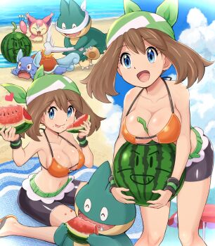 1girl :d :p absurdres bandana beach beach_umbrella belt bike_shorts bikini bikini_top_only blindfold blue_eyes blue_sky breasts brown_hair cleavage cloud day eating food food_on_face fruit gen_1_pokemon gen_3_pokemon gen_4_pokemon green_bandana green_belt highres hitting holding holding_food holding_fruit holding_watermelon large_breasts may_(pokemon) medium_hair multiple_views munchlax navel nintendo official_alternate_costume open_mouth oppai_loli outdoors pokemoa pokemon pokemon_(anime) pokemon_(creature) pokemon_dp075 pokemon_dppt_(anime) pokemon_emerald pokemon_rse sitting skitty sky smile sportswear strap_gap swimsuit tongue tongue_out umbrella wariza wartortle watermelon watermelon_slice wristband