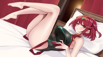 ass bare_shoulders barefoot black_one-piece_swimsuit blurry blurry_background breasts chest_jewel core_crystal_(xenoblade) full_body highleg indoors large_breasts lying matrix16 on_back on_bed one-piece_swimsuit pillow pyra_(pro_swimmer)_(xenoblade) pyra_(xenoblade) red_eyes red_hair red_one-piece_swimsuit swimsuit tiara xenoblade_chronicles_(series) xenoblade_chronicles_2
