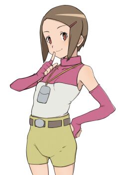 1girl ayu_(ddestiny944) bare_shoulders breasts brown_eyes brown_hair cowboy_shot digimon digimon_adventure_02 elbow_gloves fingerless_gloves gloves highres pink_shirt shirt shorts simple_background small_breasts solo two-tone_shirt white_background white_shirt yagami_hikari yellow_shorts