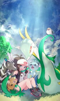 1girl baseball_cap black_footwear black_vest blitzle blue_eyes breasts brown_hair cloud cloudy_sky commentary_request dewott gen_5_pokemon hands_up happy hat highres hilda_(pokemon) legendary_pokemon long_hair nintendo on_grass on_ground open_mouth outdoors pidove poke_ball_print pokemon pokemon_(creature) pokemon_bw ponytail reshiram rindoriko serperior shirt shoes sidelocks sitting sky sleeveless sleeveless_shirt small_breasts sunlight tepig vest white_hat white_shirt