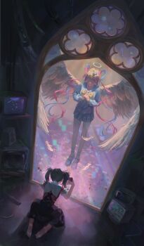 2girls absurdres ame-chan_(needy_girl_overdose) angel_wings anklet barefoot black_hair black_skirt blonde_hair blue_footwear blue_hair blue_jacket blue_nails blue_skirt bow bowtie chouzetsusaikawa_tenshi-chan crt dual_persona dutch_angle falling_feathers feathered_wings feathers floating from_above glitch gun gun_to_head hair_bow halo highres holding holding_gun holding_weapon indoors interlocked_fingers jacket jewelry long_hair long_sleeves mary_janes medium_hair multicolored_hair multicolored_nails multiple_girls needy_girl_overdose no_eyes on_floor own_hands_clasped own_hands_together pink_hair pink_nails purple_hair red_shirt sailor_collar school_uniform serafuku shirt shoes sitting skirt smile speaker static tile_floor tiles twintails wariza weapon wings yellow_bow yellow_bowtie ziye_sakana