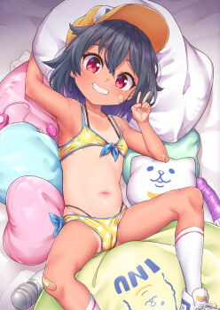 1girl arm_up armpits bandaid bandaid_on_arm bandaid_on_cheek bandaid_on_face bandaid_on_leg baseball_cap bikini black_hair blush cameltoe collarbone condom condom_packet_strip condom_wrapper controller egg_vibrator female_focus flat_chest from_above grin hair_between_eyes hand_up hat highres hitachi_magic_wand kanabun loli looking_at_viewer lying navel on_back one-piece_tan open_mouth original pillow red_eyes remote_control remote_control_vibrator sex_toy shoes short_hair smile sneakers socks solo spread_legs swimsuit tan tanline teeth v vibrator white_socks yellow_bikini yuuki-chan_(kanabun)