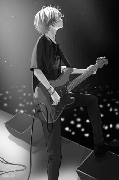 1boy alternate_costume black_shirt bracelet ca_mei electric_guitar facing_away fuwa_minato greyscale guitar highres instrument jewelry light_particles light_rays male_focus monochrome music nijisanji playing_guitar playing_instrument print_shirt shirt short_hair short_sleeves solo stage stage_lights standing virtual_youtuber