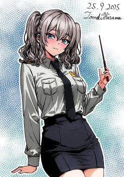 1girl alternate_costume artist_name black_necktie black_skirt blue_eyes blush breasts collared_shirt commentary_request cowboy_shot dated grey_hair highres hisama_tomoki holding holding_pointer japan_maritime_self-defense_force japan_self-defense_force kantai_collection kashima_(kancolle) large_breasts long_sleeves looking_at_viewer military military_dress_uniform military_rank_insignia military_uniform naval_dress_uniform naval_uniform necktie one-hour_drawing_challenge pointer ribbon_bar shirt shoulder_boards skirt smile solo twintails wavy_hair white_shirt