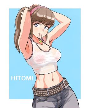 1girl armpits bare_shoulders belt breasts brown_hair character_name crop_top dead_or_alive dead_or_alive_5 denim hiroyama_(hpzg5374) hitomi_(doa) jeans large_breasts long_hair midriff pants see-through_clothes sleeveless