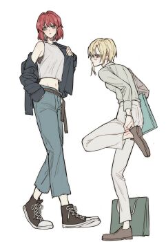Rule 34 | 2girls, adjusting clothes, adjusting shoe, aqua bag, archived source, asymmetrical sidelocks, bag, belt, belt buckle, bespectacled, black bra, black shoes, blue jacket, blue pants, blue sleeves, bra, bracelet, breasts, bright pupils, brown belt, brown shoes, buckle, closed mouth, collared jacket, collared shirt, converse, cropped shirt, cross-laced shoes, earrings, fashion, fingernails, frown, full body, glasses, gold buckle, green bag, green eyes, grey shirt, grey sleeves, hair intakes, hands in pockets, high-waist pants, highres, honey3apple, isolestie (children of the rune), jacket, jewelry, long single sidelock, long sleeves, looking to the side, medium breasts, midriff, mila nebraska, multiple girls, navel, nexon, pants, pocket, rectangular eyewear, red eyes, red hair, rimless eyewear, shirt, shoes, shopping bag, sidelocks, simple background, sleeve cuffs, sneakers, standing, standing on one leg, tales weaver, torn clothes, torn pants, tote bag, underwear, walking, white background, white pants, white pupils, wing collar