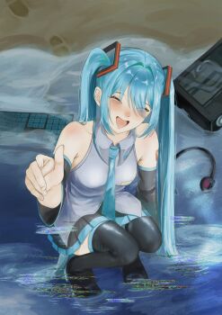 1girl aqua_necktie aqua_shirt aqua_trim arm_tattoo bare_shoulders black_boots black_skirt black_thighhighs boots closed_eyes collarbone detached_sleeves glitch hair_between_eyes hair_ornament hatsune_miku highres long_hair looking_at_viewer necktie open_mouth pleated_skirt sango0707315 shirt short_sleeves skirt sleeveless sleeveless_shirt smile solo squatting tattoo thigh_boots thighhighs twintails very_long_hair vocaloid wading