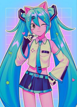 1girl ;3 animal_ear_headphones animal_ears bare_shoulders belt black_gloves black_skirt blue_belt blue_border blue_hair blue_necktie blue_trim blush_stickers border cat_ear_headphones cat_ears closed_mouth collared_shirt commentary contrapposto cowboy_shot crop_top cropped_shirt detached_sleeves double-parted_bangs fake_animal_ears faux_retro_artstyle flat_chest fortissimo frilled_shirt frilled_shirt_collar frills gloves grid_background hair_between_eyes hair_ornament hand_on_own_hip hand_up hatsune_miku headphones headset heart heart_hair_ornament highres lightning_bolt lightning_bolt_hair_ornament lightning_bolt_symbol long_hair looking_at_viewer menma_(enaic31) midriff miniskirt musical_note musical_note_hair_ornament necktie one_eye_closed outline outside_border pink_background pink_eyes pleated_skirt shirt signature simple_background skirt sleeveless sleeveless_shirt solo standing star_(symbol) star_hair_ornament straight-on tie_clip twintails two-tone_gloves very_long_hair vocaloid white_gloves white_outline white_shirt white_sleeves wide_sleeves