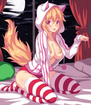 1girl :p animal_hood artist_self-insert bed bed_sheet between_legs blonde_hair breasts buruma cat_hood cat_tail cleavage closed_mouth cloud collarbone colored_eyelashes curtains female_focus full_body full_moon hair_between_eyes hand_between_legs hand_up highres hood hood_up hooded_jacket hoodie indoors jacket large_breasts leaning_forward long_hair long_sleeves looking_at_viewer moon night no_bra no_pants nottytiffy on_bed open_clothes open_jacket original paw_pose paw_print pom_pom_(clothes) red_eyes shiny_skin sky sleeves_past_wrists slit_pupils smile solo striped_clothes striped_thighhighs tail thighhighs tiffy_(nottytiffy) tongue tongue_out window