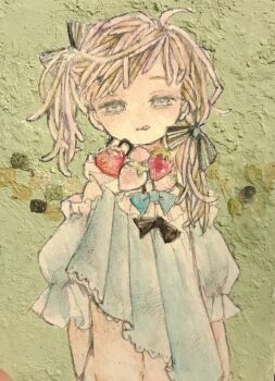 Rule 34 | 1girl, :p, absurdres, acrylic paint (medium), bow, closed mouth, commentary request, detached sleeves, dress, food, fruit, green background, hair bow, hair ribbon, highres, karintoun, long hair, long sleeves, looking at viewer, messy hair, original, painting (medium), pale skin, pastel colors, portrait, ribbon, short sleeves, simple background, strawberry, swept bangs, tongue, tongue out, traditional media, upper body, watercolor (medium), wavy hair