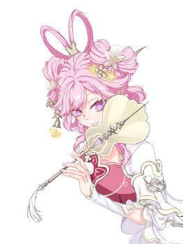 1girl bell breasts chinese_commentary chinese_hairstyle commentary_request cropped_torso diamond-shaped_pupils diamond_(shape) elysia_(hi_love_elf)_(honkai_impact) elysia_(honkai_impact) elysia_(moonlit_grace)_(honkai_impact) flower hair_bell hair_flower hair_ornament hand_fan highres holding holding_fan honkai_(series) honkai_impact_3rd large_breasts long_hair looking_at_viewer official_alternate_costume pink_hair purple_eyes simple_background smile solo symbol-shaped_pupils white_background yun_shu