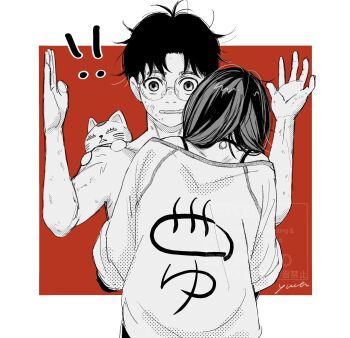 1boy 1girl 1other animal animal_on_shoulder ayase_momo black_choker black_hair border cat cat_on_shoulder choker couple dandadan dirty dirty_face glasses hands_up hetero highres hug messy_hair off-shoulder_sweater off_shoulder open_mouth parted_bangs red_background round_eyewear short_hair sign sweater takakura_ken_(dandadan) topless_male turbo_granny_(dandadan) upper_body white_border wide-eyed yura0210_1017