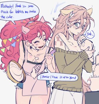 2girls animal_ears animification apron bare_shoulders black_tank_top blue_shorts blush bowl breasts butterfly_hair_ornament butterfly_tattoo cake cleavage closed_eyes collarbone colored_skin confetti cowboy_shot cream english_text fingernails fluttershy food food_on_face green_eyes green_shirt hair_between_eyes hair_ornament hands_up high_ponytail highres holding holding_bowl holding_pastry_bag holding_whisk horse_ears horse_girl horse_tail humanization icing large_breasts long_hair looking_at_another medium_breasts memoji_7672 multiple_girls my_little_pony my_little_pony:_friendship_is_magic off-shoulder_shirt off_shoulder open_mouth pastry_bag pink_apron pink_hair pink_skin pinkie_pie ponytail shirt short_shorts shorts shoulder_tattoo simple_background skirt smile speech_bubble standing string_of_flags sweatdrop table tail tank_top tattoo whisk white_background white_skirt yellow_skin