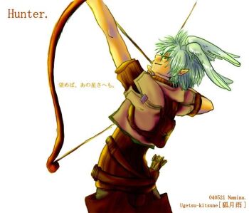 1boy arrow_(projectile) bow_(weapon) brown_shirt closed_mouth commentary_request dated drawing_bow feathered_wings green_eyes green_hair grey_jacket grey_wings head_wings holding holding_bow_(weapon) holding_weapon hunter_(ragnarok_online) jacket male_focus namina_(ugetsu_kitsune) painttool_sai_(medium) pointy_ears profile ragnarok_online shirt short_hair short_sleeves simple_background smile solo translation_request upper_body weapon white_background wings