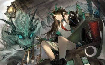 1girl absurdres arknights black_hair colored_skin dragon_girl dragon_horns dragon_tail dusk_(arknights) earrings eastern_dragon_tail green_hands green_horns green_skin hair_over_one_eye highres horns hua_ha_jiazi jewelry long_hair necktie pointy_ears solo tail tassel tassel_earrings