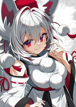 Rule 34 | 1girl, absurdres, animal ear fluff, animal ears, arm up, backlighting, black skirt, breasts, chromatic aberration, closed mouth, commentary, crossed bangs, detached sleeves, double-parted bangs, hair between eyes, hat, highres, inubashiri momiji, large breasts, long sleeves, looking at viewer, pokopoko ponzu, pom pom (clothes), red eyes, red hat, red ribbon, ribbon, ribbon-trimmed sleeves, ribbon trim, shirt, short hair, side slit, skirt, smile, solo, split mouth, symbol-only commentary, tokin hat, touhou, upper body, white background, white hair, white shirt, wide sleeves, wolf ears, wolf girl