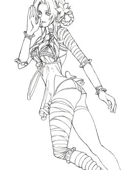 Rule 34 | 1girl, aerith gainsborough, ass, back bow, bandaged arm, bandaged leg, bandages, bow, braid, braided hair rings, breasts, butt crack, cleavage, cosplay, detached sleeves, feet out of frame, final fantasy, final fantasy vii, final fantasy vii: ever crisis, flower, gloves, hair flower, hair ornament, hair rings, hand to own mouth, herzenreine, highres, kaine (nier), kaine (nier) (cosplay), lineart, lingerie, looking at viewer, medium breasts, negligee, official alternate costume, panties, parted bangs, parted lips, revealing clothes, sidelocks, single bare shoulder, skindentation, smile, solo, thigh strap, thighs, underwear, unfinished, upper body, white background