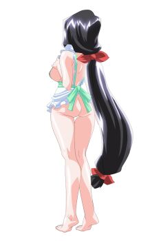 1girl anime_coloring apron ass back barefoot black_hair bottomless breasts cleavage collarbone frilled_apron frills from_behind full_body game_asset glasses hair_ribbon hand_on_own_chest highres large_breasts large_variant_set long_hair low_ponytail machimura_sakuya mahotama maki_daikichi mature_female naked_apron nipple_slip nipples official_art ponytail red_ribbon ribbon simple_background solo standing tachi-e third-party_source transparent_background variant_set very_long_hair visual_novel_cg
