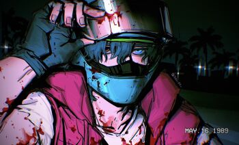 Rule 34 | 1boy, arm up, biker (hotline miami), black gloves, blood, blood on body, blood on clothes, blood on helmet, blue eyes, blue hair, blue helmet, brown eyes, collarbone, commentary, crew neck, dated, drawstring, empty eyes, english commentary, fingerless gloves, gloves, hair between eyes, helmet, heterochromia, highres, hotline miami, jacket, male focus, motorcycle helmet, night, outdoors, palm tree, red jacket, shirt, short sleeves, sleeveless, sleeveless jacket, solo, tatsu (tatsumccree), torn clothes, torn sleeves, tree, twitter username, white shirt