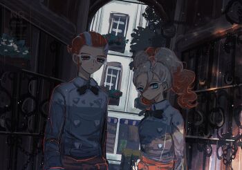 1boy 1girl apron black_bow black_bowtie blue_eyes bow bowtie expressionless flower gate glasses glowing glowing_eyes gradient_hair griselle_(pokemon) grisham_(pokemon) hair_pulled_back highres horimhkw11 looking_at_viewer multicolored_hair nintendo orange_hair outdoors pokemon pokemon_legends:_z-a red_eyes split_ponytail two-tone_hair upper_body waist_apron white-framed_eyewear white_flower white_hair window