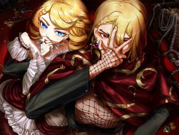 1boy 1girl absurdres bare_shoulders blonde_hair blue_eyes braid braided_bangs brother_and_sister cape coin covering_face covering_own_mouth dr._stone dress drill_hair earrings fishnet_gloves fishnet_top fishnets francois_(dr._stone) frilled_dress frilled_sleeves frills gem gloves gold green_gemstone hair_between_eyes hand_on_own_face hand_over_own_mouth highres jewelry juliet_sleeves long_sleeves looking_at_viewer medium_hair multiple_rings nanami_ryuusui necklace pearl_(gemstone) pearl_necklace puffy_sleeves purple_gemstone red_cape red_eyes red_gemstone ring saveme1048596 short_hair siblings sitting treasure_chest upper_body wide_sleeves