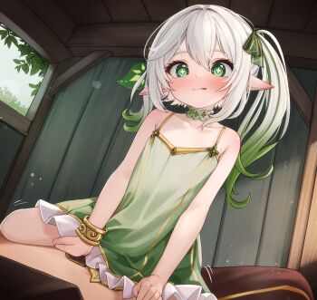 1boy 1girl :p aether_(genshin_impact) blush bracelet choker closed_mouth collarbone commentary comodox covered_penetration cowgirl_position cross-shaped_pupils dress english_commentary femdom flat_chest genshin_impact girl_on_top gradient_hair green_choker green_dress green_eyes green_hair hair_ornament hetero highres indoors jewelry large_variant_set leaf_hair_ornament loli lolidom long_hair looking_at_viewer multicolored_hair nahida_(genshin_impact) paid_reward_available pointy_ears pov sex side_ponytail sleeveless sleeveless_dress straddling symbol-shaped_pupils tongue tongue_out two-tone_hair variant_set white_hair