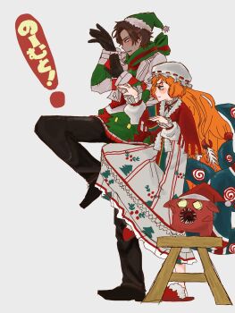 ! 1boy 1girl black_gloves black_shoes brown_hair brown_pants christmas christmas_nightmare_(e.g.o) christmas_sweater christmas_tree_print dark-skinned_male dark_skin dress e.g.o_(project_moon) full_body fur-trimmed_shawl fur_trim gloves gnome_(project_moon) green_hat green_scarf green_sweater grey_background hands_up hashtag-only_commentary hat heathcliff_(project_moon) highres holiday_(e.g.o) ishmael_(project_moon) limbus_company long_hair long_sleeves mihatenu_dream mob_cap orange_hair pants patchwork_clothes project_moon red_shawl red_slippers santa_hat scarf shawl shoes short_hair simple_background slippers stool sweater tentacles translated very_long_hair yotsubato!_pose