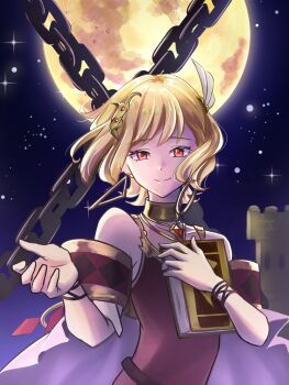 Rule 34 | 1girl, blonde hair, book, brown dress, citrinne (fire emblem), dress, earrings, fire emblem, fire emblem engage, full moon, gold choker, gold trim, hair ornament, highres, holding, holding book, hoop earrings, jewelry, leather wrist straps, mismatched earrings, moon, nintendo, red eyes, shiriusu, wing hair ornament