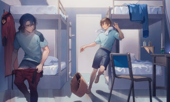 2boys athrun_zala bai_rui basket bed blue_hair boxers bunk_bed chair desk dressing green_eyes gundam gundam_seed gundam_seed_destiny highres jacket kira_yamato ladder male_underwear military military_uniform multiple_boys pants red_uniform shirt tripping undershirt underwear zaft_uniform