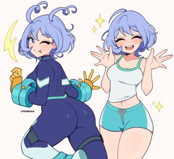 1girl ;p absurdres ahoge aqua_shorts artist_name ass bare_arms bare_shoulders blue_bodysuit blue_eyes blue_hair blush bodysuit boku_no_hero_academia breasts closed_eyes commentary cowboy_shot cremanata dolphin_shorts drawstring english_commentary facing_viewer gloves hado_nejire hair_between_eyes hair_horns hands_up highres legs_together light_blue_hair looking_at_viewer medium_breasts midriff_peek multiple_views navel one_eye_closed open_mouth pouch short_hair shorts simple_background skin_tight smile sparkle standing superhero_costume tank_top teeth thick_thighs thigh_pouch thigh_strap thighs tongue tongue_out upper_teeth_only waving_arms white_background white_tank_top yellow_gloves