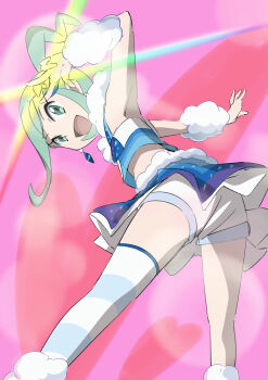 1girl :d absurdres arm_warmers commentary_request earrings from_below green_eyes green_hair heart highres jewelry lisia_(pokemon) looking_at_viewer nintendo open_mouth overskirt pokemon pokemon_oras shorts shorts_under_skirt sidelocks single_thighhigh smile solo striped thighhighs tongue w yusuke_oshida