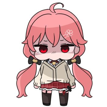 Rule 34 | 1girl, ahoge, black bow, black shoes, black thighhighs, blood, bloody knife, bow, brown jacket, chibi, collared shirt, commentary request, dress shirt, full body, garter straps, hair bow, holding, holding knife, hololive, jacket, knife, long hair, looking at viewer, low twintails, mochimiko, pink hair, plaid clothes, plaid skirt, red eyes, red skirt, sakura miko, shaded face, shirt, shoes, simple background, skirt, solo, standing, tears, thighhighs, twintails, very long hair, virtual youtuber, white background, white shirt, yurie mouth