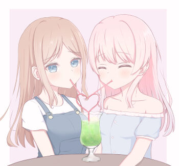 2girls absurdres bang_dream! bang_dream!_it&#039;s_mygo!!!!! blue_eyes blue_overalls blue_shirt blush border breasts brown_hair chihaya_anon closed_eyes collarbone commentary_request crazy_straw cup drinking drinking_straw heart_straw highres liya_(yosoro2016) long_hair looking_at_viewer medium_breasts multiple_girls nagasaki_soyo off-shoulder_shirt off_shoulder outside_border overalls parted_bangs pink_background pink_hair shared_straw shirt short_sleeves sidelocks small_breasts white_border white_shirt yuri