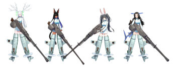 4girls absurdres animal_ears antlers black_hair blue_eyes breasts brown_eyes cat_ears cat_tail colored_inner_hair commentary_request commission dark-skinned_female dark_skin deer_antlers epaulettes fins fish_tail full_body gun highres holding holding_gun holding_weapon horns jacket large_breasts long_hair looking_at_viewer military_jacket multicolored_hair multiple_girls mytea_(soso) original pale_skin purple_hair rabbit_ears red_eyes shark_tail strike_witches striker_unit tail twintails two-tone_hair weapon white_background white_hair world_witches_series