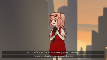 1girl blonde_hair collared_shirt commentary english_text eyewear_on_head flandre_scarlet fourth_wall highres holding holding_microphone microphone one_side_up pointy_ears puffy_short_sleeves puffy_sleeves red_eyes red_skirt red_vest shirt short_hair short_sleeves skirt stage symbol-only_commentary touhou vest white_shirt wings yoruny