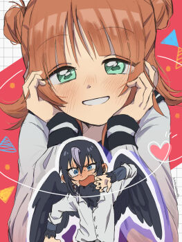 Rule 34 | 1boy, 1girl, aki (korisumochi), bird wings, black feathers, black hair, black wings, blush, commentary request, double bun, ear blush, feathered wings, feathers, fingernails, full-face blush, green eyes, grid background, hair bun, hands on own cheeks, hands on own face, harpy boy, heart, hetero, highres, korisumochi, monster boy, neck feathers, orange hair, original, pink background, school uniform, serafuku, sharp fingernails, shirt, short hair, sweat, upper body, white shirt, wings, yuzu (korisumochi)