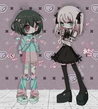 2girls ada_(iyowa) alternate_costume aqua_arm_warmers aqua_eyes aqua_jacket aqua_leg_warmers arm_warmers artist_name bandaged_leg bandages bandaid bandaid_on_arm bandaid_on_cheek bandaid_on_face bandaid_on_knee bandaid_on_leg black_hair black_shirt black_shoes black_skirt black_thighhighs bow character_name crossed_bandaids detached_sleeves detached_wings frilled_shirt frilled_skirt frilled_sleeves frills full_body hair_bow hair_ribbon halo hands_up heart highres holding holding_phone iyowa_girls jacket jirai_kei kurari-chan_(iyowa) leg_warmers long_sleeves looking_at_another mini_wings multicolored_jacket multiple_girls neck_ribbon phone pigeon-toed pink_bow pink_jacket pink_leg_warmers platform_shoes red_eyes ribbon shirt shoes short-sleeved_jacket short_hair short_sleeves skirt sleeveless sleeveless_shirt sn_(sn_utu00) standing suspender_skirt suspenders tenshi_kaiwai thighhighs traditional_halo two-tone_jacket two-tone_legwear two_side_up white_shoes wings
